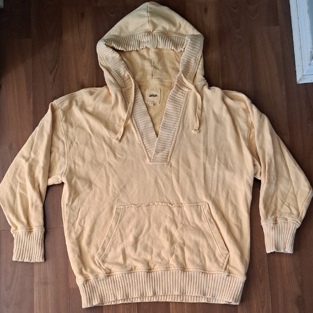 Aerie Women's Soft Yellow V-Neck Hoodie Sweater